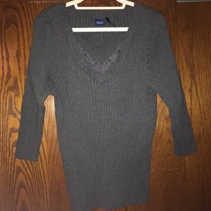 Gray ribbed sweater with lace collar accent